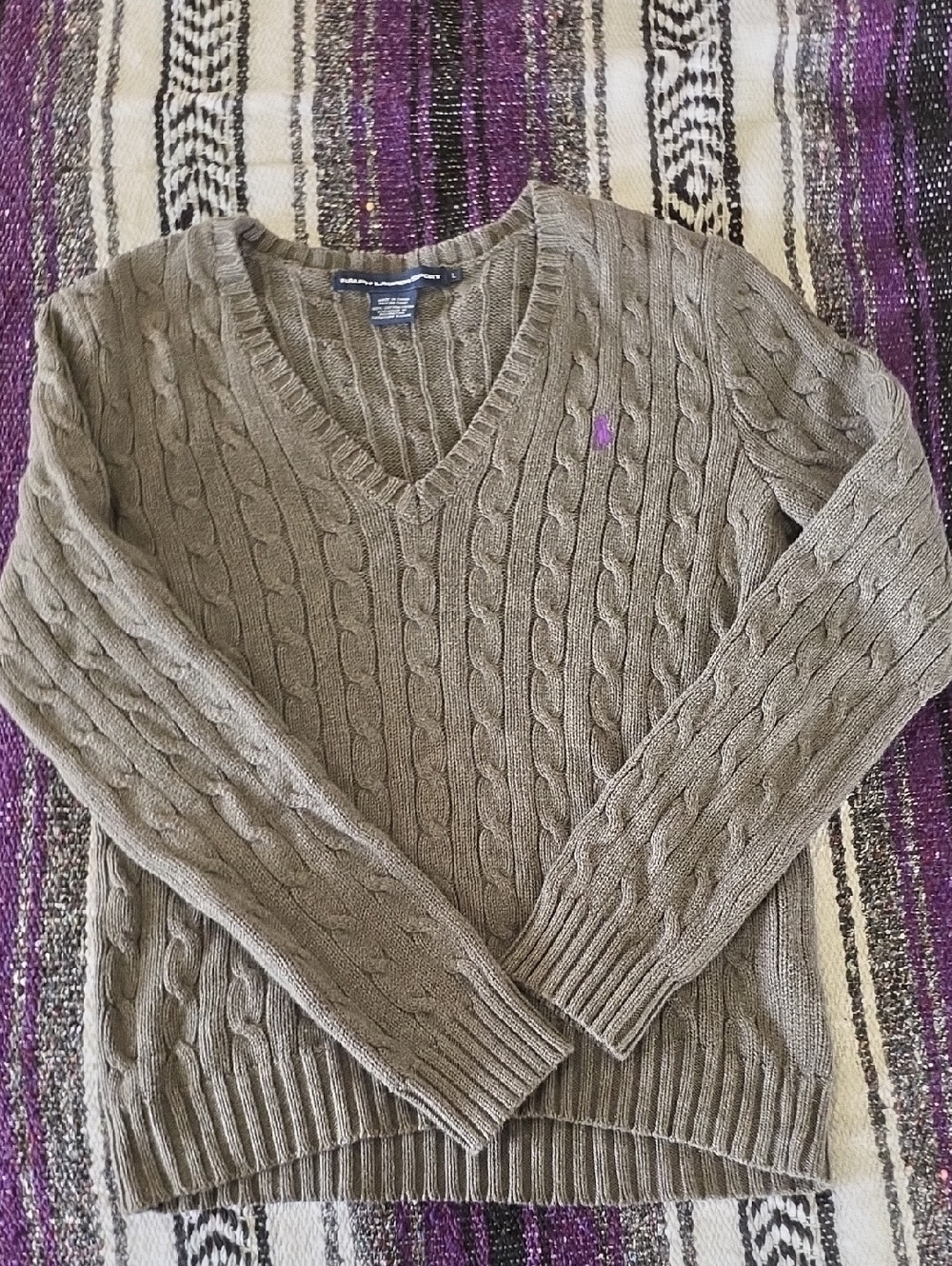 Ralph Lauren Taupe Cable-Knit V-Neck Sweater with Purple Pony Logo